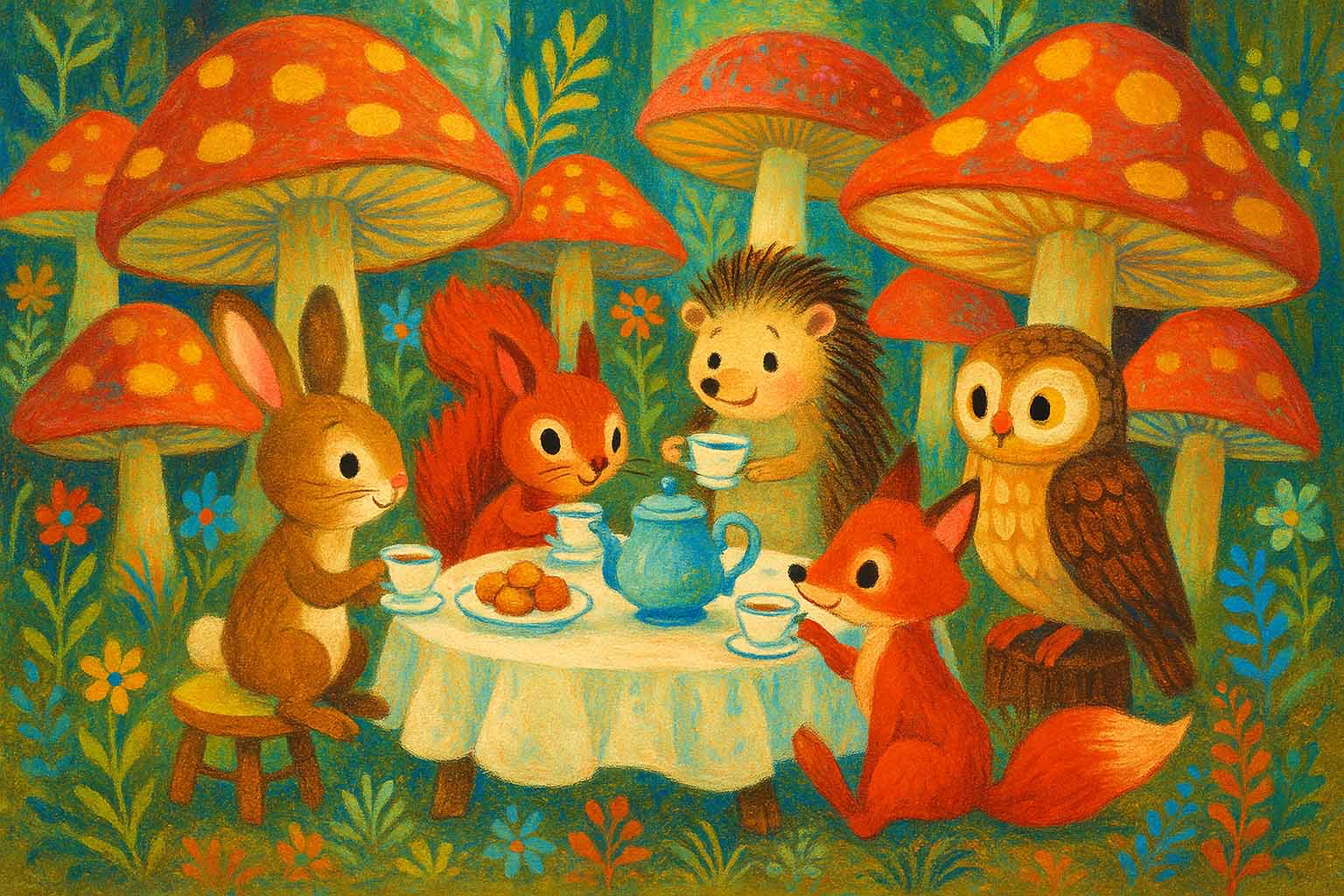 best ChatGPT prompts for photos: "A whimsical tea party in a mushroom forest, attended by anthropomorphic woodland creatures, style of Mary Blair, intricate details."