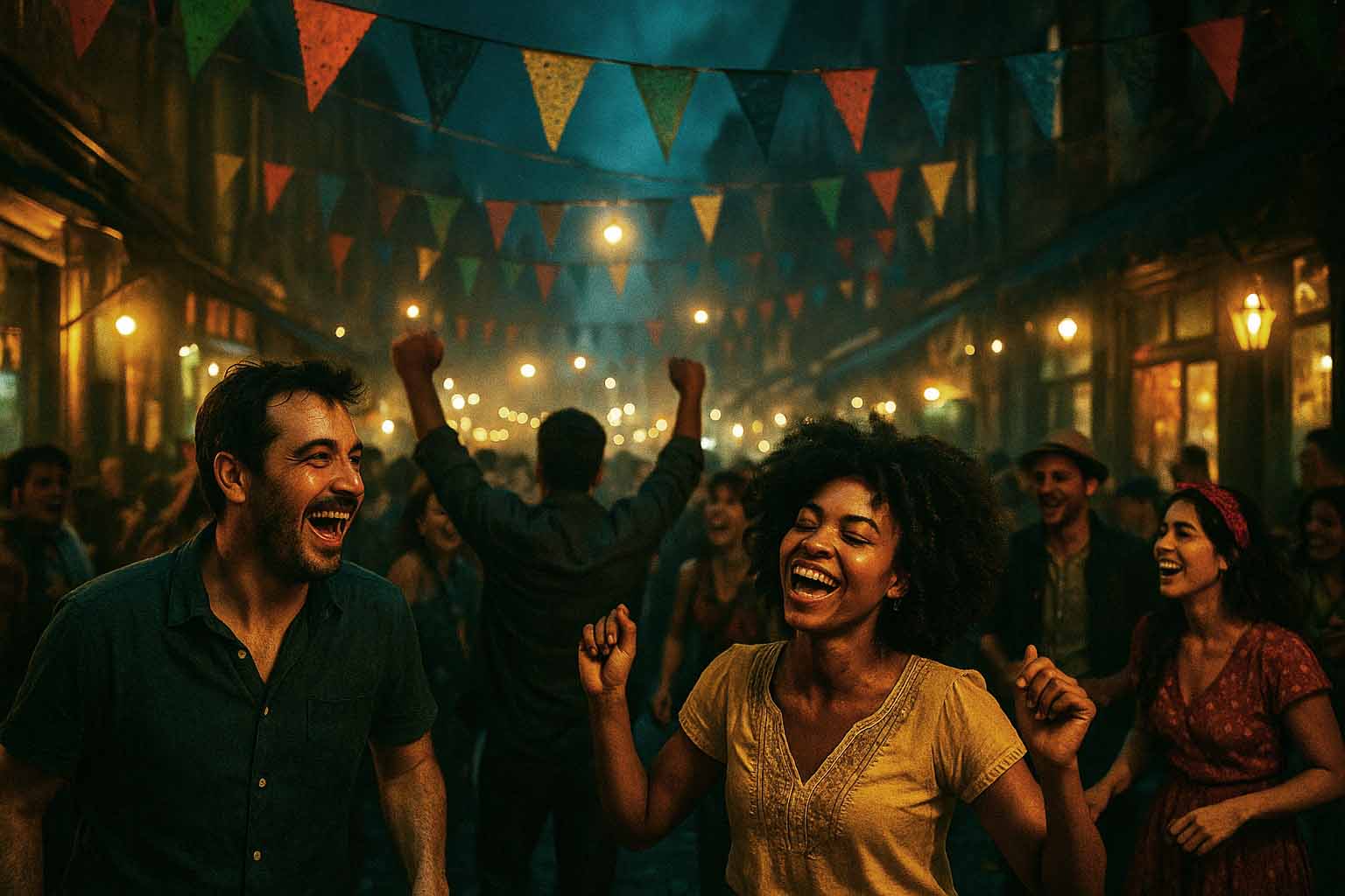 best ChatGPT prompts for photos: "A joyful, vibrant street festival" showcasing dramatic "cinematic lighting" and a "mysterious" mood